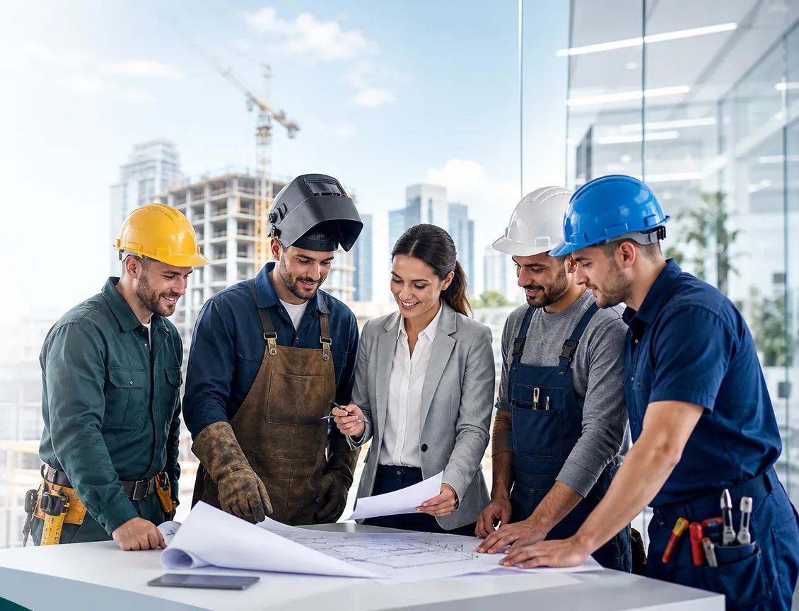 A site team of tradespeople and an architect reviewing building plans together